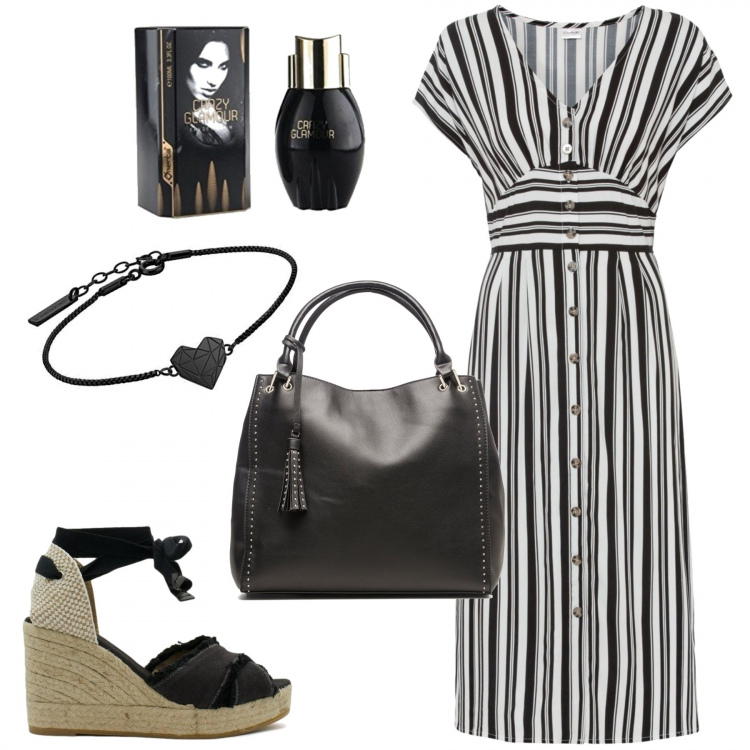 Outfit donna - Una giornata di fine estate. Stile Casual per Tutti i giorni. Abbinamento con vestiti, borse a spalla, sandali alla schiava, profumi, braccialetti.