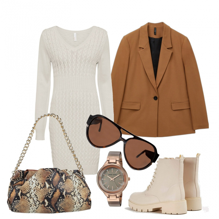 Outfit donna - Il blazer over di tendenza. Stile Trendy per Tutti i giorni. Abbinamento con vestiti, borse a mano, anfibi, occhiali da sole, blazer, orologi.