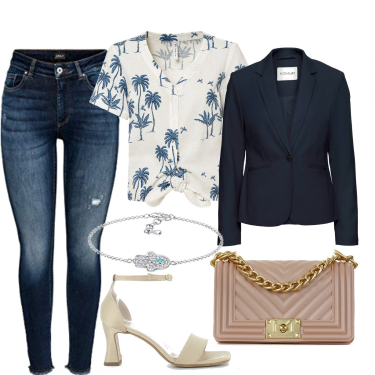 Outfit donna - In città. Stile Casual chic per Tutti i giorni. Abbinamento con blazer, camicie, borse a tracolla, sandali col tacco, pantaloni, braccialetti.
