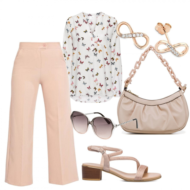 Outfit donna - In ufficio. Stile Casual chic per Ufficio. Abbinamento con bluse, occhiali da sole, pantaloni culotte, sandali col tacco, borse a mano, orecchini.