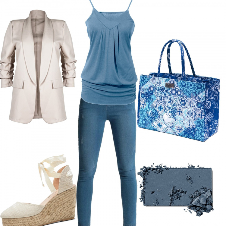 Outfit donna - In città. Stile Casual per Tutti i giorni. Abbinamento con top, décolleté, jeggings, blazer, borse a mano, ombretti.