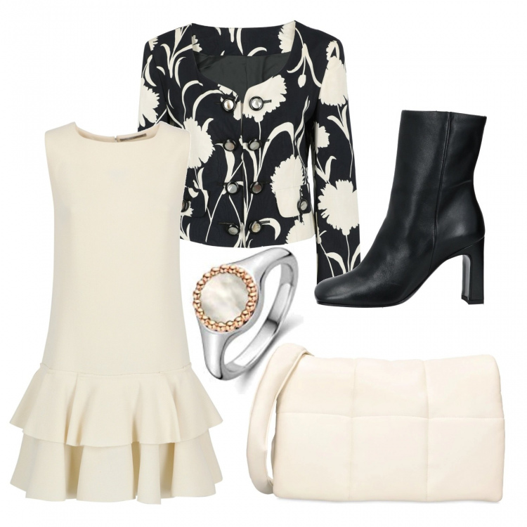 Outfit donna - Fiori panna sulla giacca. Stile Casual chic per Ufficio. Abbinamento con stivaletti, vestiti senza maniche, blazer, anelli, borse a spalla.