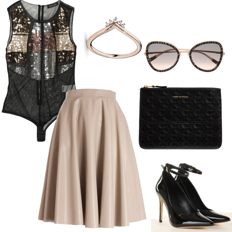 Outfit donna - Casual chic #17889. Stile Casual chic per Serata fuori. Abbinamento con top, gonne longuette, décolleté, occhiali da sole, anelli, pochette.