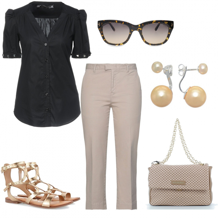 Outfit donna - Chic #13424. Stile Chic per Tutti i giorni. Abbinamento con camicie a manica corta, pantaloni capri, occhiali da sole, borse a tracolla, sandali alla schiava, orecchini.