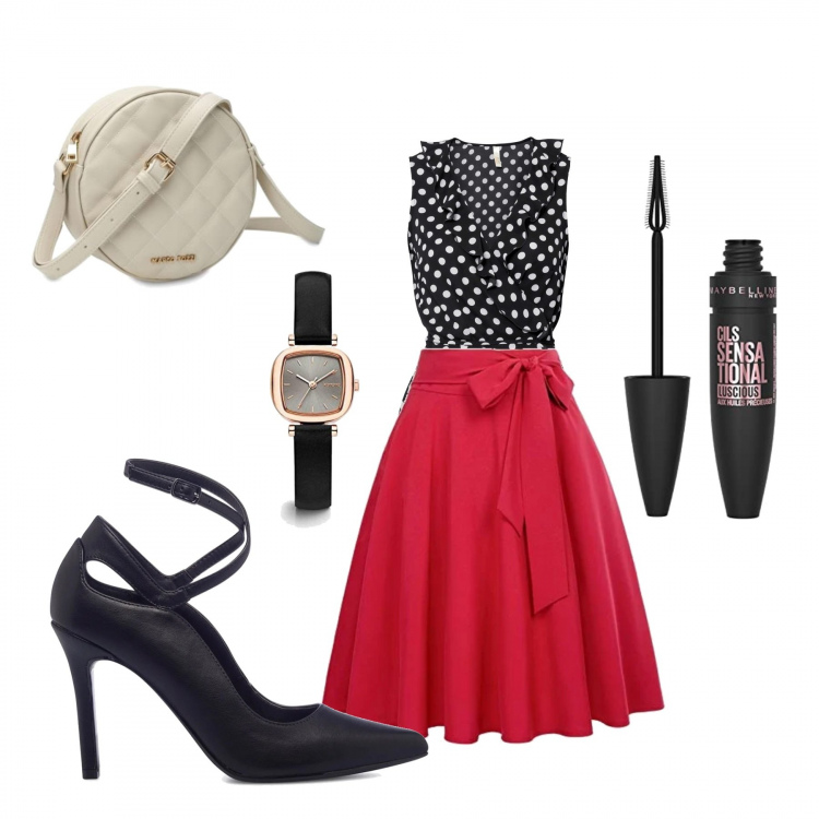 Outfit donna - Casual chic #17909. Stile Casual chic per Tutti i giorni. Abbinamento con décolleté, orologi analogici, gonne longuette, borse a spalla, bluse, mascara.