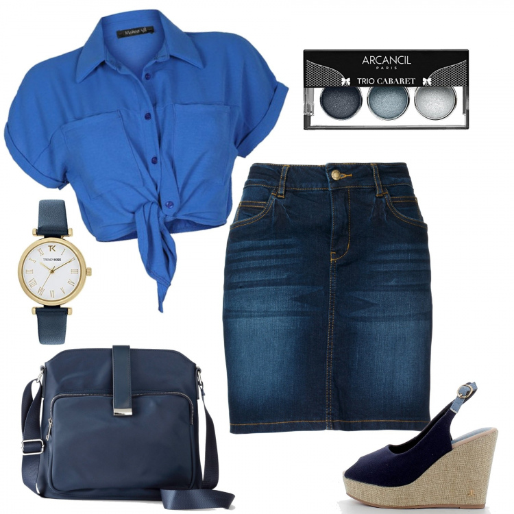 Outfit donna - La gonna di jeans. Stile Casual per Tutti i giorni. Abbinamento con gonne, borse a tracolla, camicie a manica corta, zeppe, orologi, ombretti.