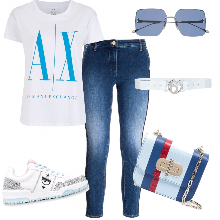 Outfit donna - Jeans tutta la vita. Stile Urban per Tutti i giorni. Abbinamento con cinture, jeans skinny, sneakers, borse a tracolla, t-shirt, occhiali da sole.