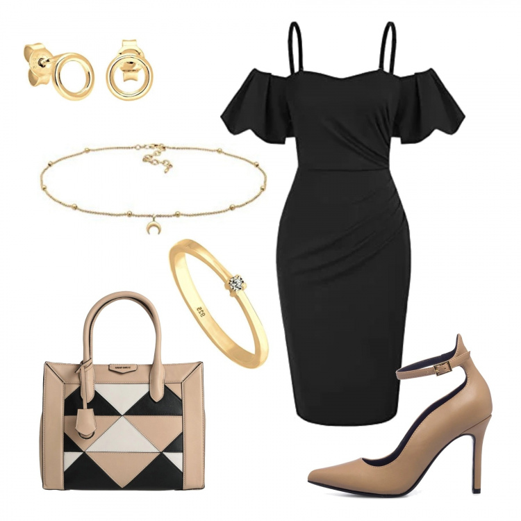 Outfit donna - Casual chic #17908. Stile Casual chic per Ufficio. Abbinamento con décolleté, borse a mano, orecchini, collane, vestiti midi/longuette, anelli.