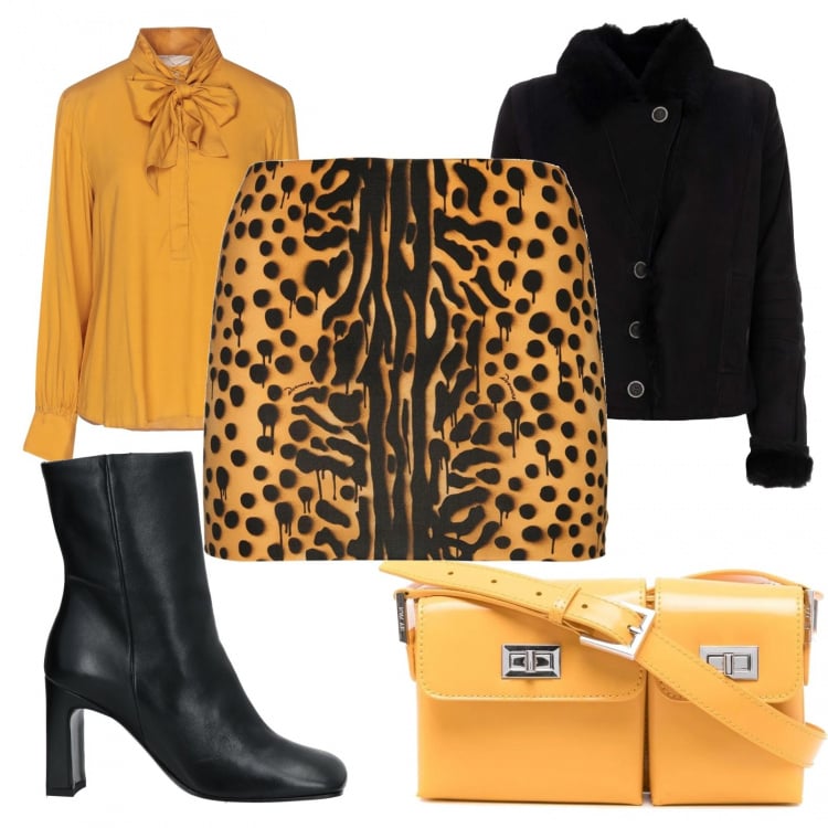 Outfit donna - Gonna eccentrica. Stile Trendy per Serata fuori. Abbinamento con stivaletti, bluse, giacche, borse a spalla, minigonne.