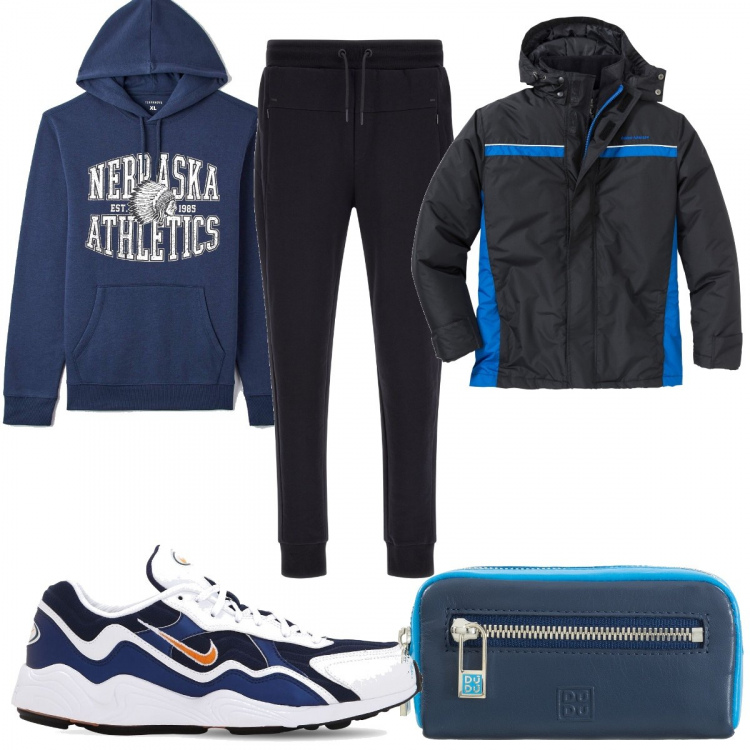Outfit uomo - Autunno sportivo. Stile Trendy per Sport. Abbinamento con giacche, felpe con cappuccio, portachiavi, pantaloni, sneakers.