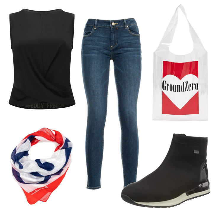 Outfit donna - Casual #14803. Stile Casual per Tutti i giorni. Abbinamento con jeans skinny, foulard, borse tote, canottiere, stivali.