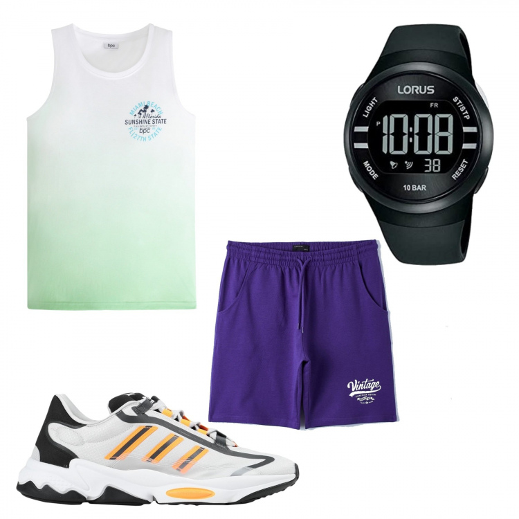Outfit uomo - Casual #16299. Stile Casual per Sport. Abbinamento con sneakers, shorts, orologi digitali, canottiere.