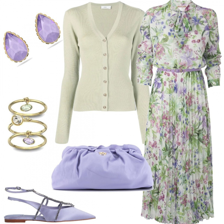 Outfit donna - Primavera in autunno. Stile Romantica per Tutti i giorni. Abbinamento con ballerine, borse a tracolla, cardigans, vestiti, anelli, orecchini.