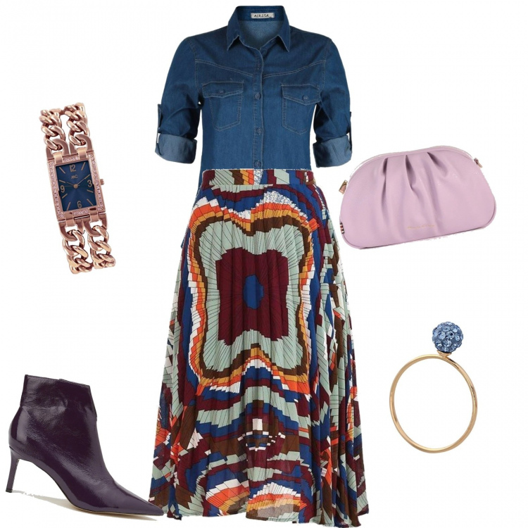 Outfit donna - Romanticamente in gonna. Stile Casual chic per Serata fuori. Abbinamento con gonne lunghe, camicie, stivaletti, borse a mano, anelli, orologi.