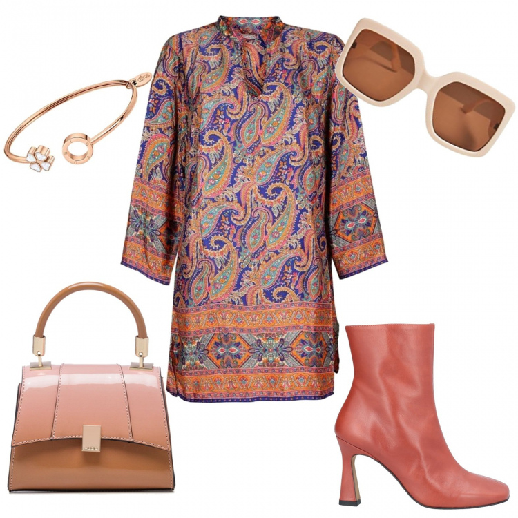 Outfit donna - Tuffo negli anni \'60. Stile Chic per Serata fuori. Abbinamento con stivaletti, vestiti, borse a mano, occhiali da sole, braccialetti.
