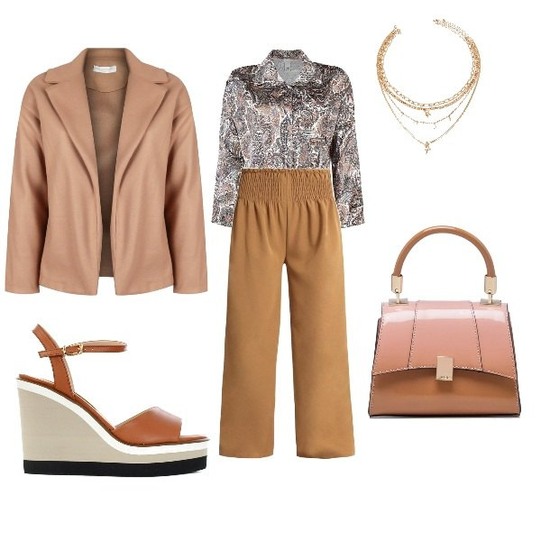 Outfit donna - I love beige. Stile Vintage retrò per Tutti i giorni. Abbinamento con cappotti, camicie, pantaloni a palazzo, zeppe, ciondoli, borse a mano.