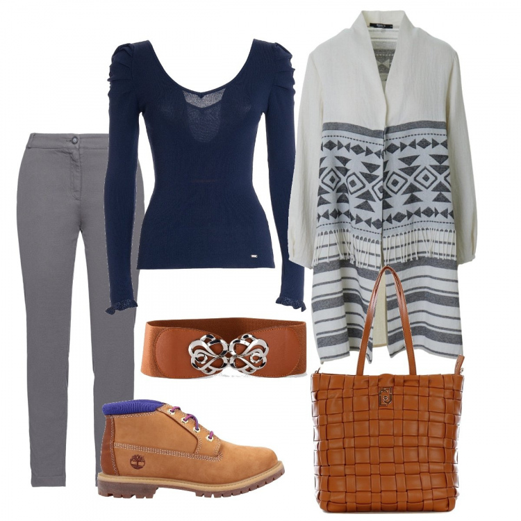 Outfit donna - Casual è bello. Stile Casual per Tutti i giorni. Abbinamento con cinture, stivaletti, pantaloni, shopping bag, maglieria, cardigans.