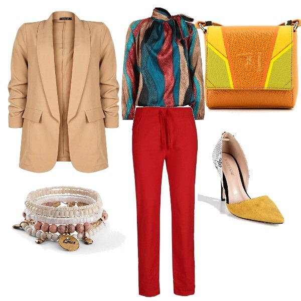 Outfit donna - Goodbye summer. Stile Trendy per Tutti i giorni. Abbinamento con braccialetti, décolleté, bluse, blazer, pantaloni, borse a tracolla.