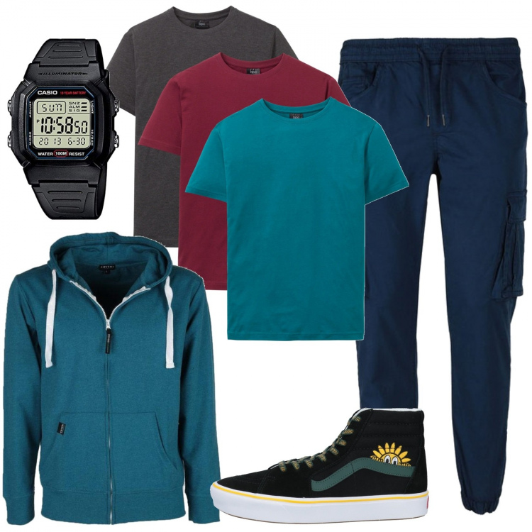 Outfit uomo - Felpa uomo blu ceruleo. Stile Casual per Tutti i giorni. Abbinamento con t-shirt, sneakers, pantaloni cargo, felpe con cappuccio, orologi digitali.