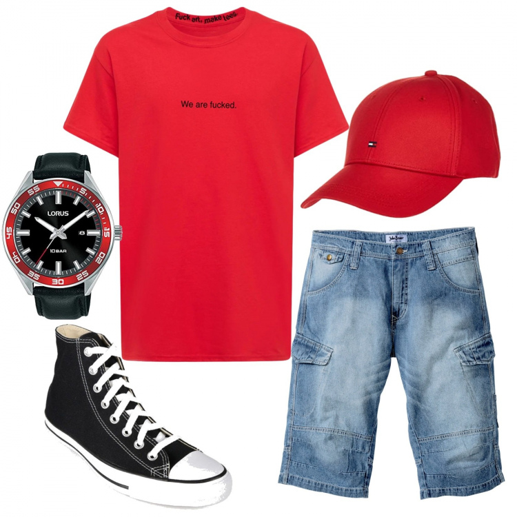 Outfit uomo - Total look #1406450. Stile Urban per Tutti i giorni. Abbinamento con bermuda, sneakers alte, t-shirt, orologi, berretti.