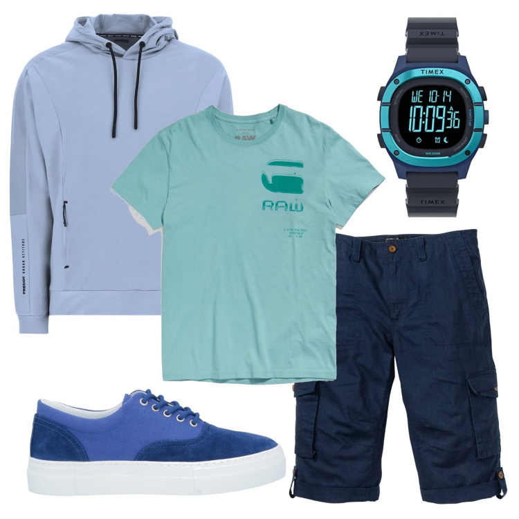 Outfit uomo - Sfumature di blu. Stile Urban per Tutti i giorni. Abbinamento con bermuda, sneakers, t-shirt, felpe con cappuccio, orologi.