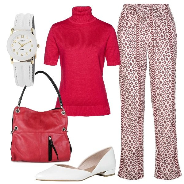 Outfit donna - Comodo rientro in ufficio. Stile Casual per Ufficio. Abbinamento con maglieria, pantaloni, borse a spalla, ballerine, orologi analogici.