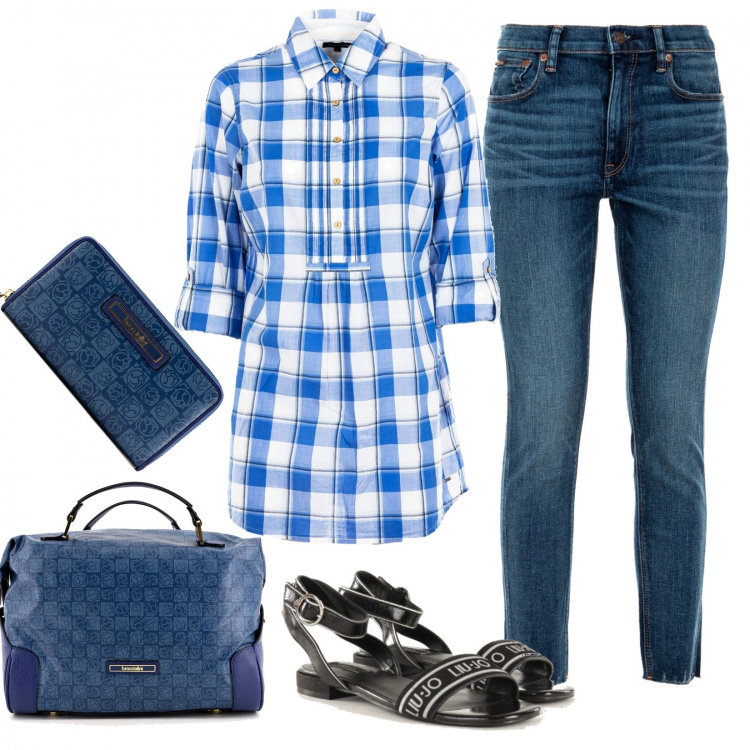 Outfit donna - Jeans e camicetta. Stile Casual per Tutti i giorni. Abbinamento con jeans, borse a mano, bluse, portafogli, sandali.