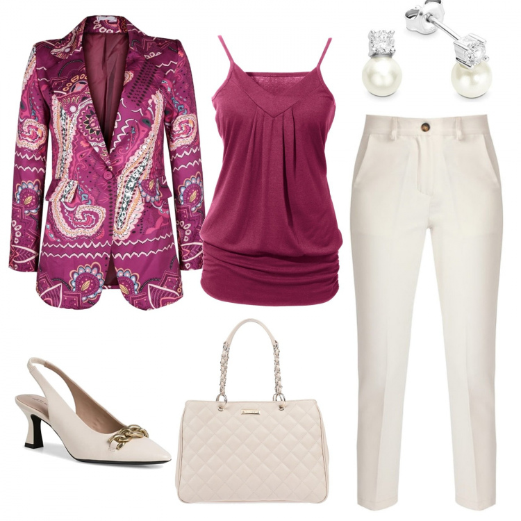 Outfit donna - Elegante e colorata. Stile Chic per Serata fuori. Abbinamento con top, borse a mano, blazer, pantaloni, scarpe col tacco, orecchini.