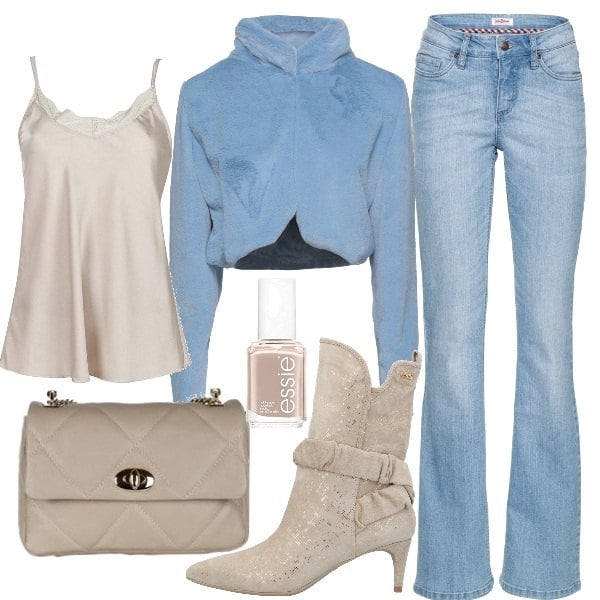 Outfit donna - Ci prepariamo all\'autunno. Stile Casual chic per Tutti i giorni. Abbinamento con jeans bootcut, stivaletti, cappotti, top, borse a tracolla, smalti.