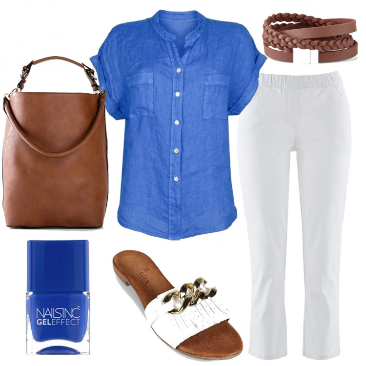 Outfit donna - Ancora estate in blu cobalto. Stile Casual per Tutti i giorni. Abbinamento con pantaloni, shopping bag, braccialetti, camicie a manica corta, ciabatte, smalti.