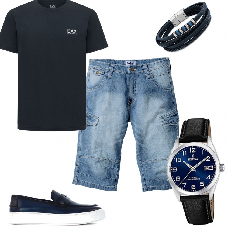 Outfit uomo - Bermuda jeans e maglietta blu. Stile Trendy per Tutti i giorni. Abbinamento con bermuda, scarpe stringate, braccialetti, orologi analogici, t-shirt.