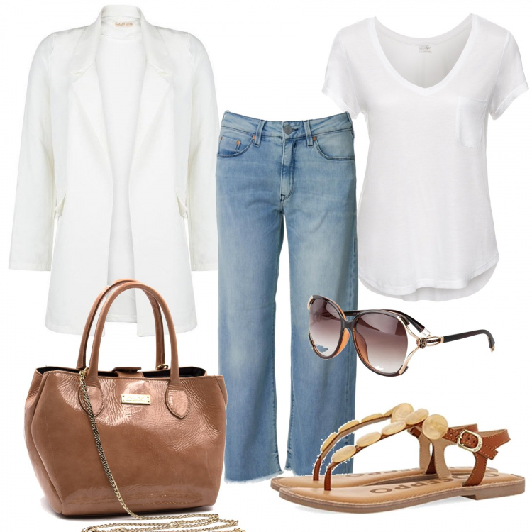 Outfit donna - Come valorizzare il bianco. Stile Basic per Tutti i giorni. Abbinamento con t-shirt, occhiali da sole, blazer, borse a mano, jeans, sandali.