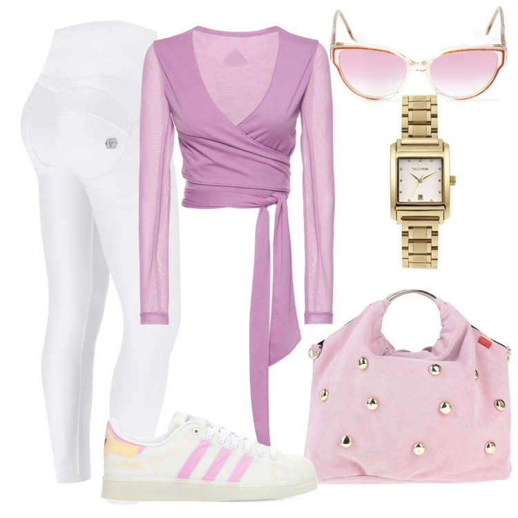 Outfit donna - Tempo libero. Stile Sporty chic per Tutti i giorni. Abbinamento con borse a mano, occhiali da sole, pantaloni skinny, top, sneakers, orologi.