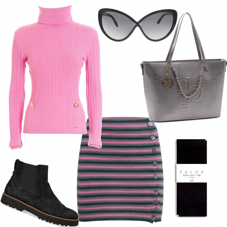 Outfit donna - Hot pink lady. Stile Trendy per Tutti i giorni. Abbinamento con maglieria, stivaletti, occhiali da sole, shopping bag, minigonne, collant.