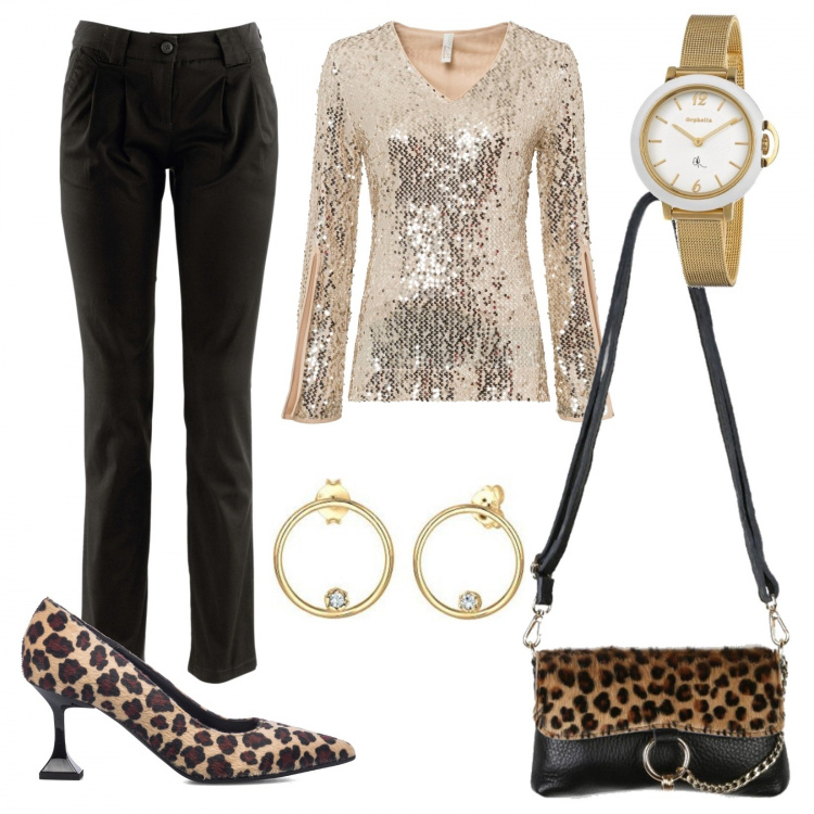 Outfit donna - Blusa brillante. Stile Glamour per Serata fuori. Abbinamento con pantaloni chino, maglieria, borse a mano, décolleté, orecchini, orologi.