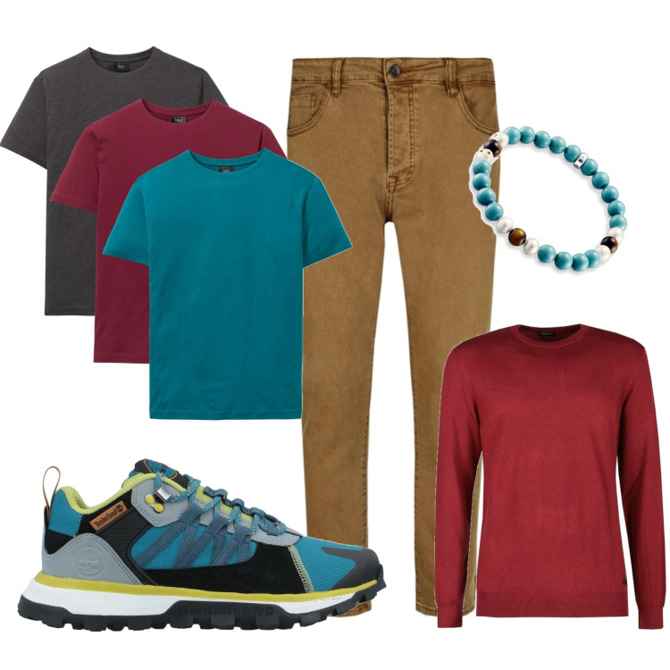 Outfit uomo - Scarpa tecnica Timberland. Stile Urban per Tutti i giorni. Abbinamento con t-shirt, sneakers, pantaloni chino, pullovers, braccialetti.
