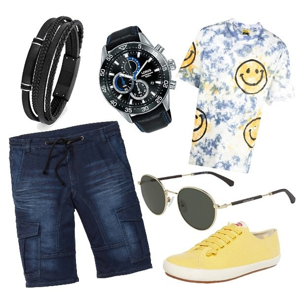 Outfit uomo - Comodità. Stile Casual per Tutti i giorni. Abbinamento con t-shirt, bermuda, orologi analogici, sneakers, occhiali da sole, braccialetti.