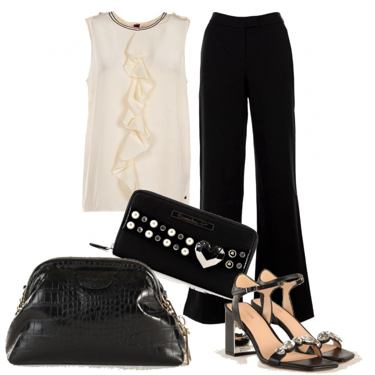 Outfit donna - Cuori e volants. Stile Chic per Ufficio. Abbinamento con pantaloni, bluse, portafogli, sandali gioiello, borse a tracolla.