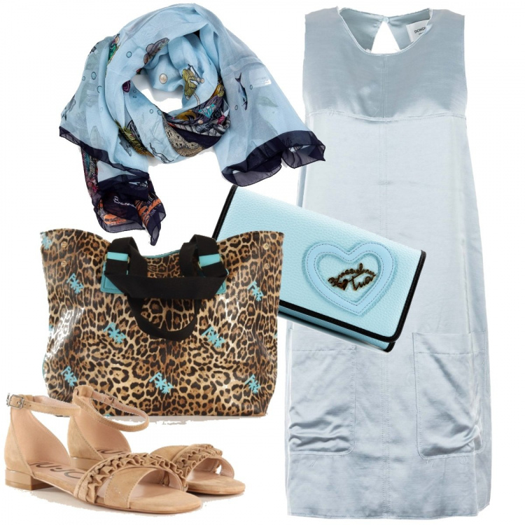 Outfit donna - Celeste bon ton. Stile Bon Ton per Ufficio. Abbinamento con vestiti corti, foulard, portafogli, shopping bag, sandali in pelle.