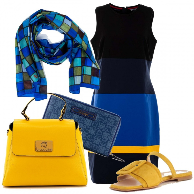 Outfit donna - Blu e giallo bon ton. Stile Bon Ton per Ufficio. Abbinamento con vestiti midi/longuette, portafogli, borse a tracolla, foulard, infradito.