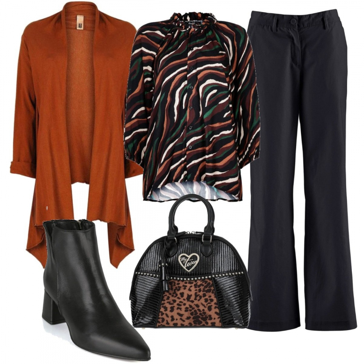 Outfit donna - Curvy in ufficio. Stile Casual chic per Ufficio. Abbinamento con borse a mano, pantaloni, camicie, bolero, stivaletti.