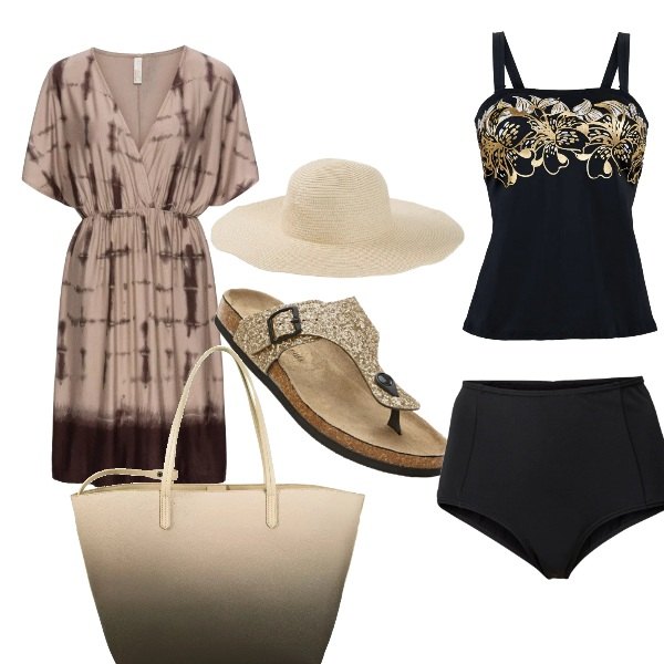 Outfit donna - Color oro. Stile Etnico per Mare. Abbinamento con culotte, vestito fantasia con scollo marrone, top, infradito, shopping bag beige, cappello.