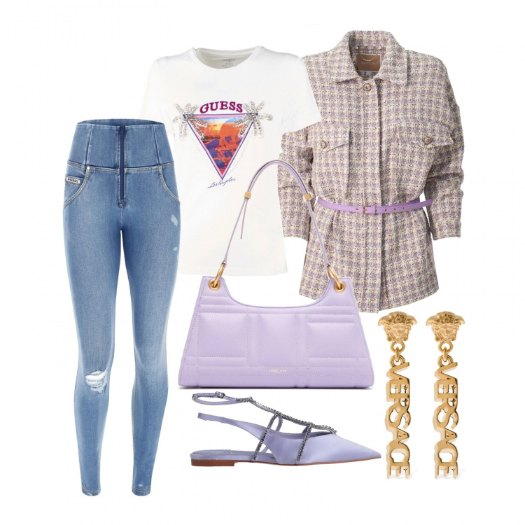 Outfit donna - Vita esagerata. Stile Casual chic per Tutti i giorni. Abbinamento con ballerine, jeans strappati, t-shirt, borse a spalla, giacche, orecchini.