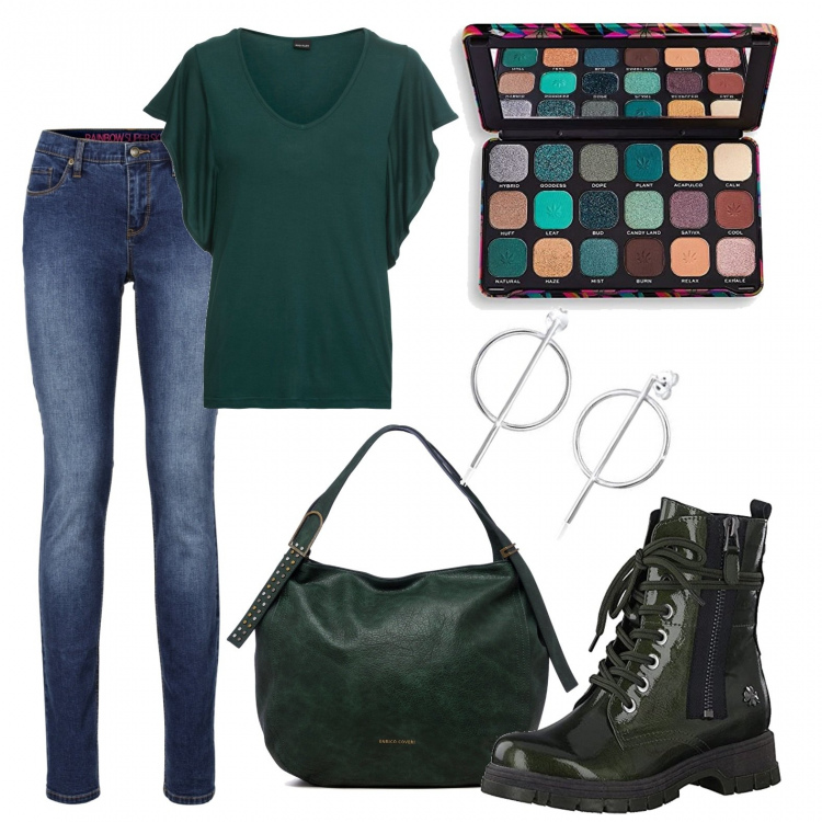 Outfit donna - Rocker in verde. Stile Rock per Scuola/Università. Abbinamento con jeans skinny, maglieria, borse a spalla, stivali, ombretti, orecchini.