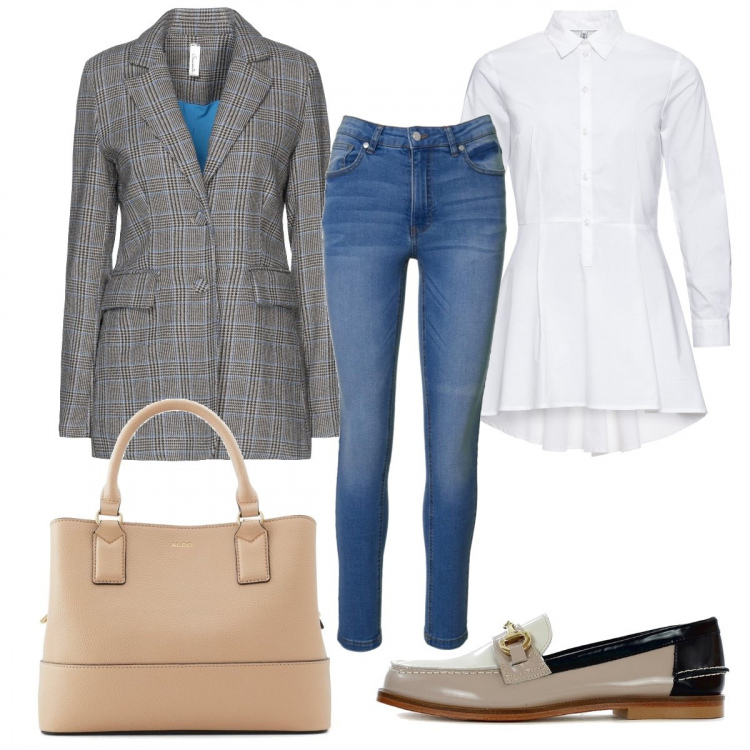 Outfit donna - Appuntamento informale. Stile Casual chic per Tutti i giorni. Abbinamento con camicie, blazer, mocassini, borse a mano, jeans skinny.