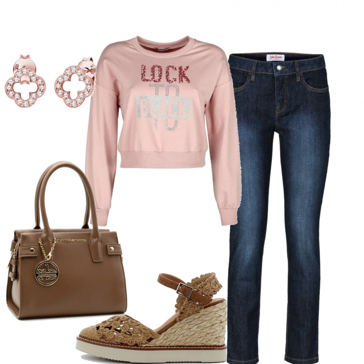 Outfit donna - Mattina al mercato. Stile Casual per Tutti i giorni. Abbinamento con jeans slim fit, felpe, borse a mano, zeppe, orecchini.