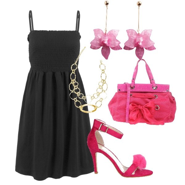 Outfit donna - Trendy #18542. Stile Trendy per Cerimonia. Abbinamento con vestiti, collana, borsa a mano con fiocco e zip interno foderato in tessuto tecnico tinta unita blu, scarpe col tacco in pelle sintetica rosa, orecchini rosa.