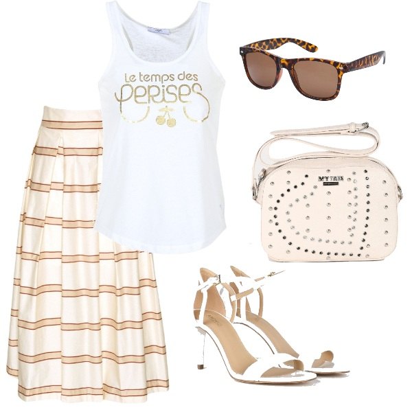 Outfit donna - White and gold. Stile Urban per Ufficio. Abbinamento con gonna lunga a trapezio senza tasche a righe con zip interno sfoderato con pieghe, top bianco, borsa a tracolla mini con strass, sandali effetto vernice, occhiali da sole marrone.