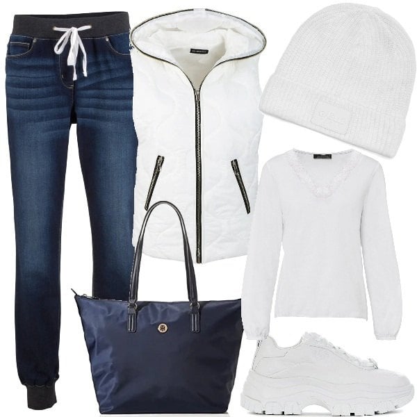 Outfit donna - Sportiva in bianco e blu. Stile Urban per Tutti i giorni. Abbinamento con jeans boyfriend, maglieria, piumini, sneakers, berretti, borse tote.