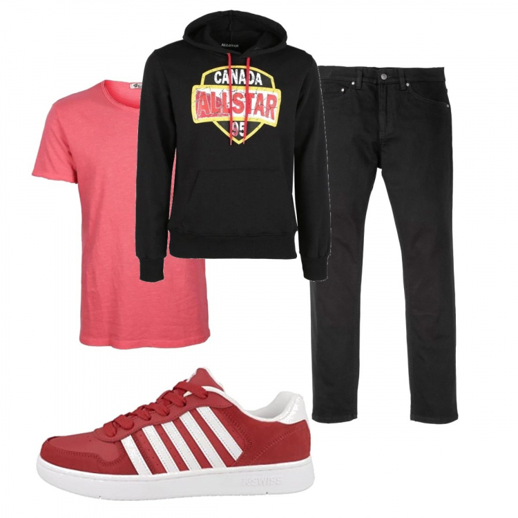 Outfit uomo - Casual #16531. Stile Casual per Tutti i giorni. Abbinamento con jeans slim fit, felpe con cappuccio, t-shirt, sneakers.